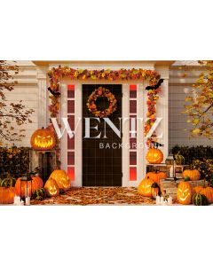 Photographic Background in Fabric House Facade With Halloween Decorations / Backdrop 2359