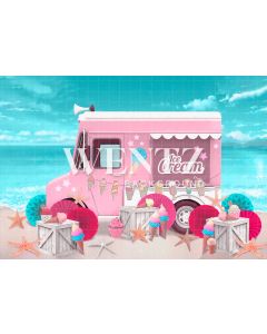 Photography Background in Fabric Ice Cream Car on the Beach / Backdrop 2384