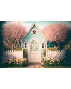 Photography Background in Fabric Little House with White Fence / Backdrop 2634