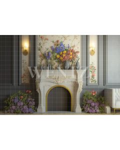 Photography Background in Fabric Room with Fireplace and Flowers / Backdrop 2726