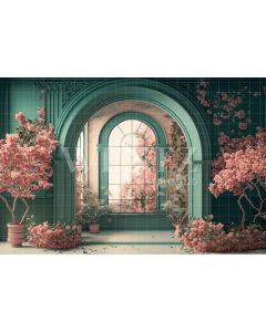 Photography Background in Fabric Green Room with Cherry Blossoms / Backdrop 2732