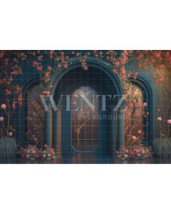 Photography Background in Fabric Blue Facade with Flowers / Backdrop 2747