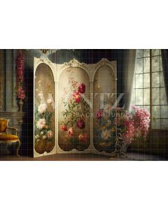 Photography Background in Fabric Room with Dressing Screen and Flowers / Backdrop 2755