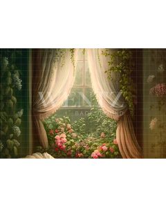 Photography Background in Fabric Window with Curtains and Flowers / Backdrop 2763