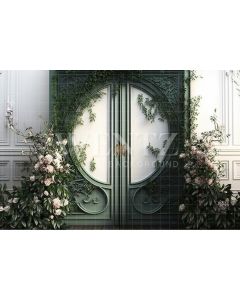 Photography Background in Fabric Scenery with Green Door and Plants / Backdrop 2792