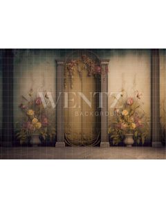 Photography Background in Fabric Scenery with Golden Door and Flowers / Backdrop 2811