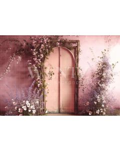 Photography Background in Fabric Scenery with Pink Door and Flowers / Backdrop 2813