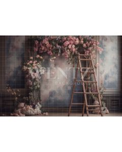 Photography Background in Fabric Scenery with Ladder and Flowers / Backdrop 3168