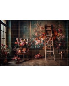 Photography Background in Fabric Scenery with Ladder and Flowers / Backdrop 3174