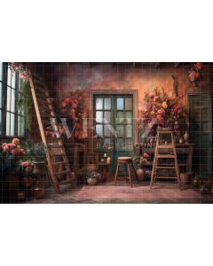 Photography Background in Fabric Scenery with Ladder and Flowers / Backdrop 3176