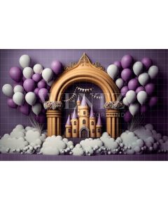 Photography Background in Fabric Cake Smash Castle with Lilac Balloons / Backdrop 3189