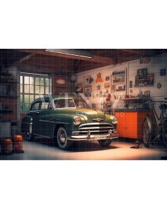 Photography Background in Fabric Garage with Old Car / Backdrop 3257