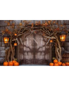 Photography Background in Fabric Rustic Door with Pumpkins / Backdrop 3720
