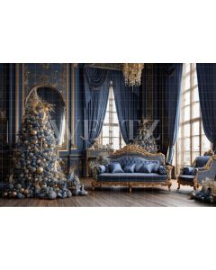 Photography Background in Fabric Blue and Gold Christmas Room / Backdrop 3883