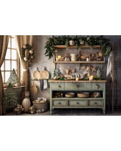 Photography Background in Fabric Vintage Christmas Kitchen / Backdrop 4346