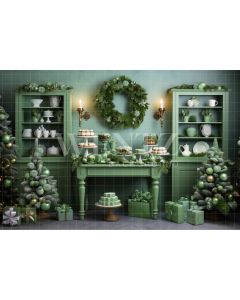 Photography Background in Fabric Green Christmas Kitchen / Backdrop 4597