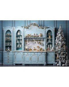 Photography Background in Fabric Blue Christmas Kitchen / Backdrop 4598