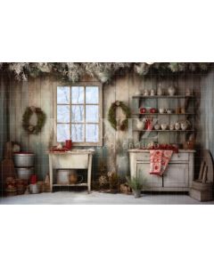Photography Background in Fabric Vintage Christmas Kitchen / Backdrop 4643