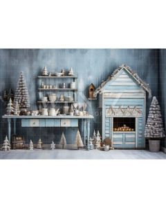 Photography Background in Fabric Pastel Blue Christmas Kitchen / Backdrop 4665