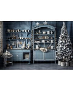 Photography Background in Fabric Blue Christmas Kitchen / Backdrop 4677