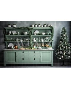 Photography Background in Fabric Green Christmas Kitchen / Backdrop 4685