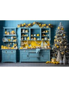 Photography Background in Fabric Blue and Yellow Christmas Kitchen / Backdrop 4688