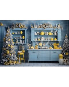 Photography Background in Fabric Blue and Yellow Christmas Kitchen / Backdrop 4689