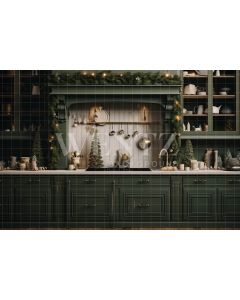 Photography Background in Fabric Green Christmas Kitchen / Backdrop 4695