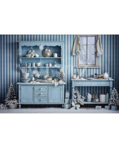 Photography Background in Fabric Blue Christmas Kitchen / Backdrop 4720
