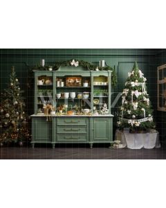 Photography Background in Fabric Green Christmas Kitchen / Backdrop 4749
