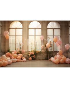 Photographic Background in Fabric Window with Pink Balloons / Backdrop 4917