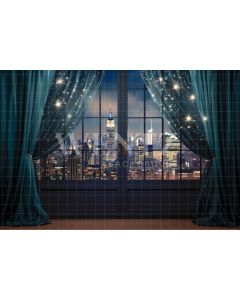 Photographic Background in Fabric Window with Blue Curtain / Backdrop 5001