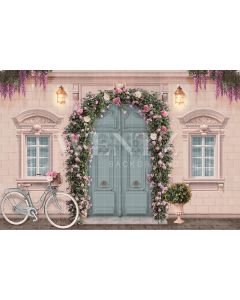 Photography Background in Fabric Pink House Facade with Flowers / Backdrop CW131