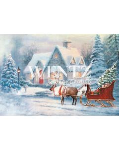 Photographic Background in Fabric Santa Claus House With Sleigh / Backdrop 2313