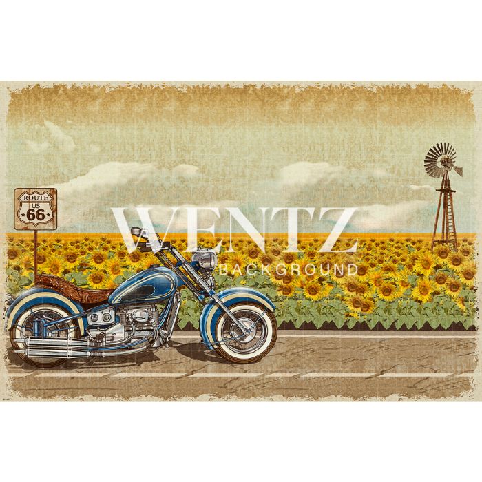 Photography Background in Fabric Motorcycle on the Road and Sunflower Field / Backdrop 1827