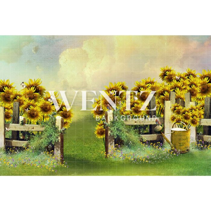Photography Background in Fabric Scenery Grove with Fence and Sunflower / Backdrop 2078