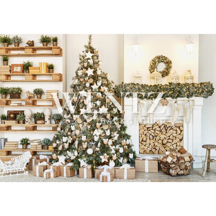Photography Background in Fabric Christmas Fireplace and Pine / Backdrop 2114
