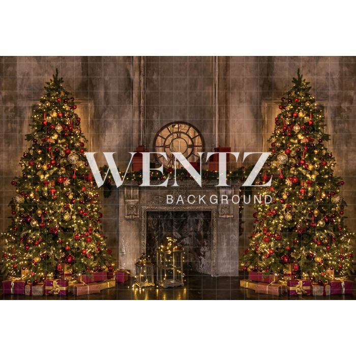 Photography Background in Fabric Christmas Fireplace and Pines / Backdrop 2143