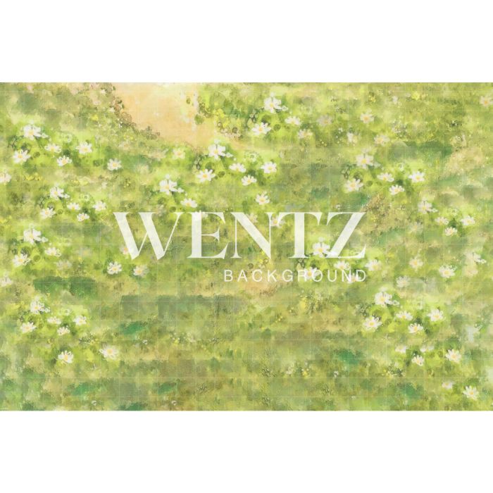 Photography Background in Fabric Green Field With White Flowers / Backdrop 2216