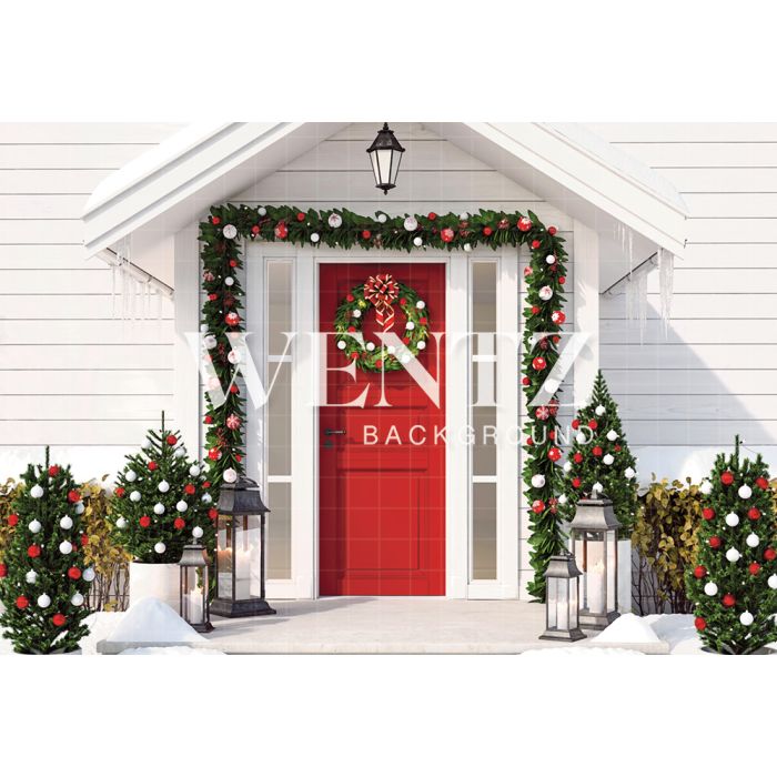 Photographic Background in Fabric Facade Christmas House with Red Door / Backdrop 2315