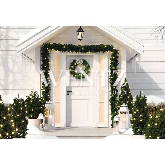 Photographic Background in Fabric Facade Christmas House with White Door / Backdrop 2316