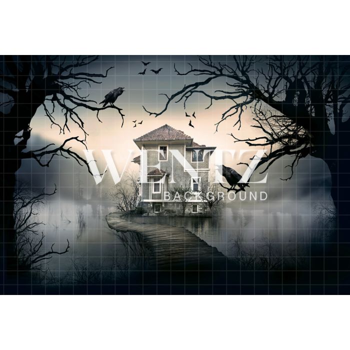 Photography Background in Fabric Halloween Lake House / Backdrop 2356