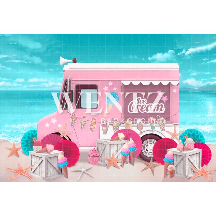 Photography Background in Fabric Ice Cream Car on the Beach / Backdrop 2384