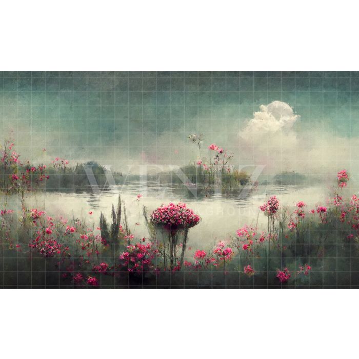 Photography Background in Fabric Fairy Tale Lake with Flowers / Backdrop 2524