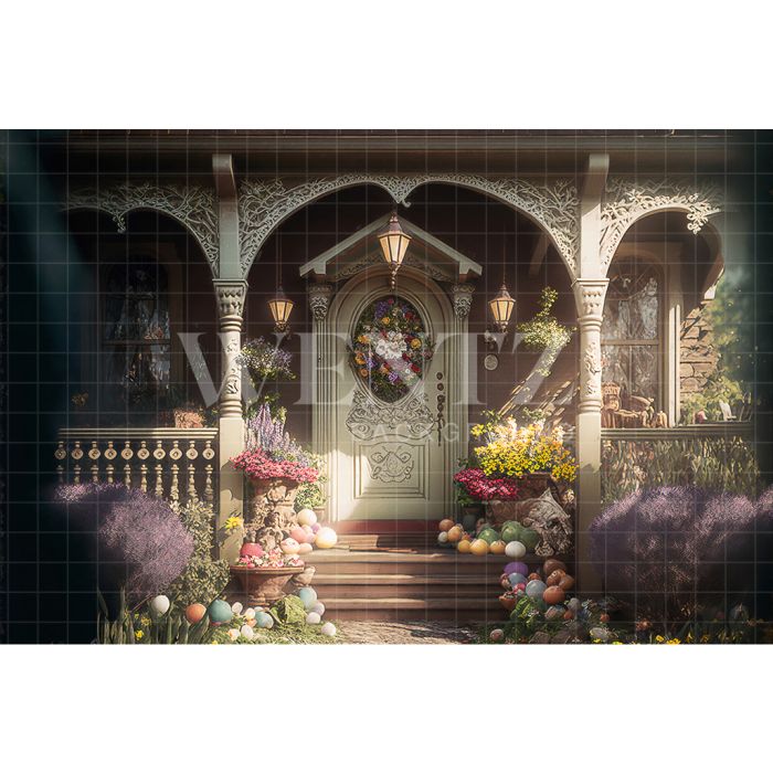 Photography Background in Facade with Easter Eggs and Flowers / Backdrop 2612