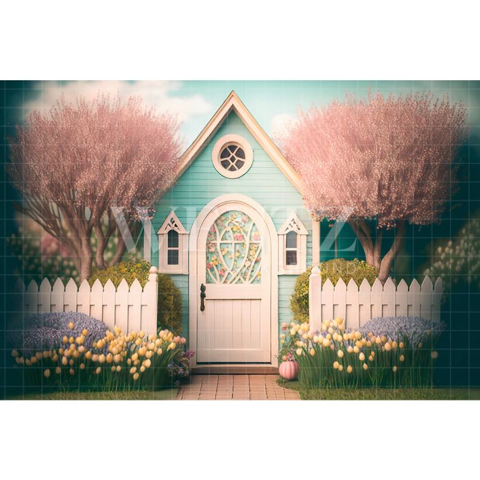 Photography Background in Fabric Little House with White Fence / Backdrop 2634