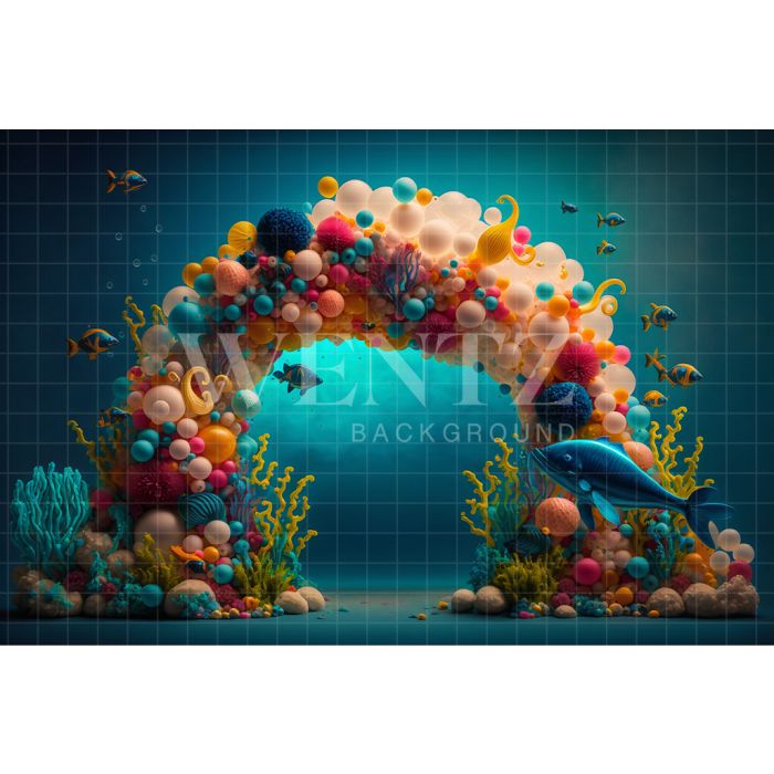Photography Background in Fabric Cake Smash Sea Bottom with Fishes / Backdrop 2668