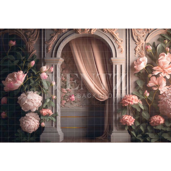 Photography Background in Fabric Arch with Pink Curtain and Flowers / Backdrop 2716
