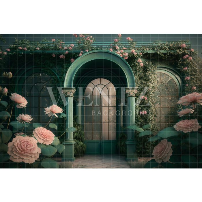 Photography Background in Fabric Blue Door to the Flowery Garden / Backdrop 2719