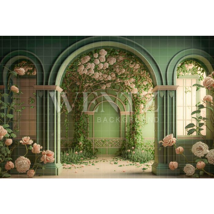 Photography Background in Fabric Green Arch with White Roses / Backdrop 2720